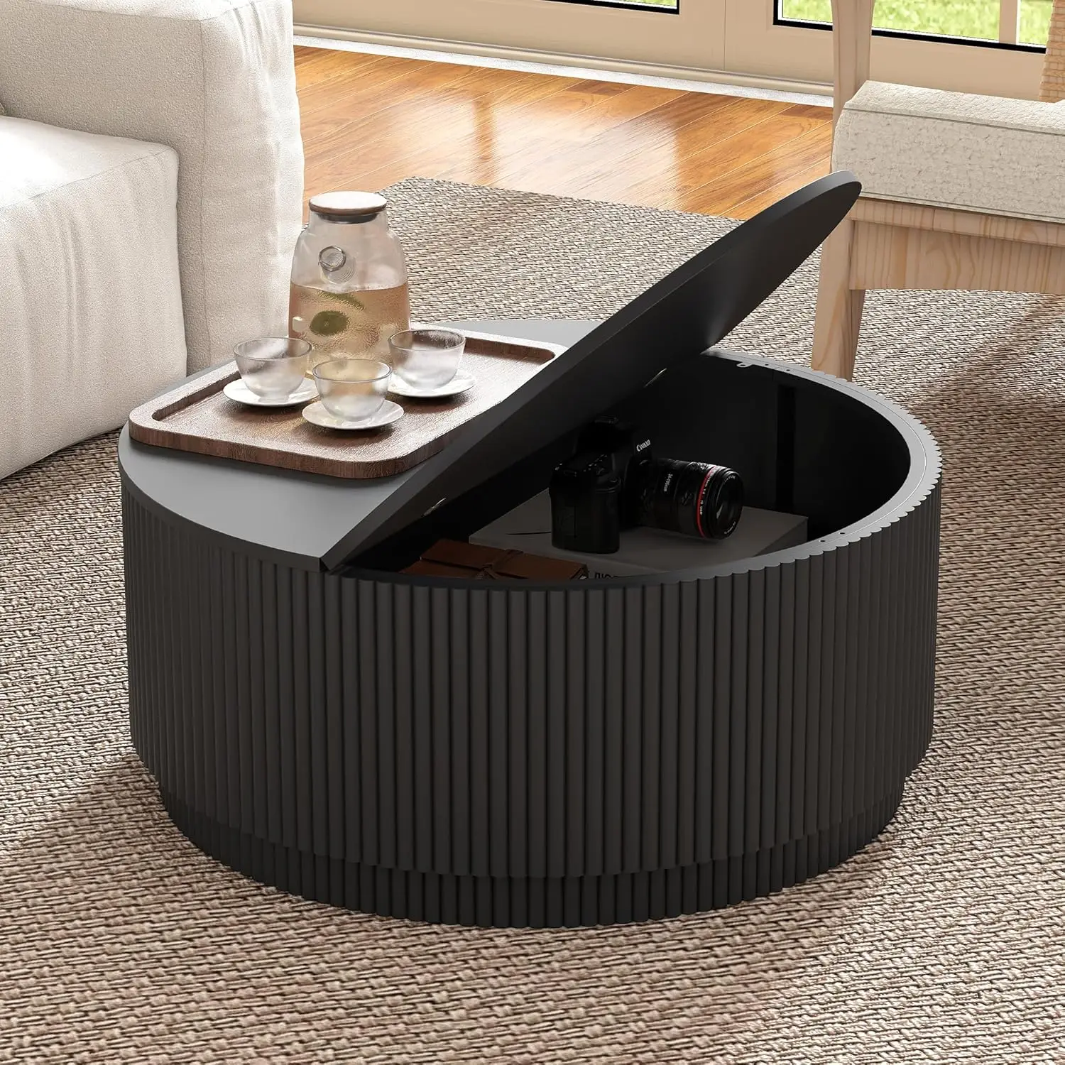 kf-S313294e941d2462495ef5aae1c4d316cK 31.5" Round Coffee Table with Storage, Modern Accent Coffee Tables with Fluted Base, Wooden Circle Center Table for, Customized - Image 1