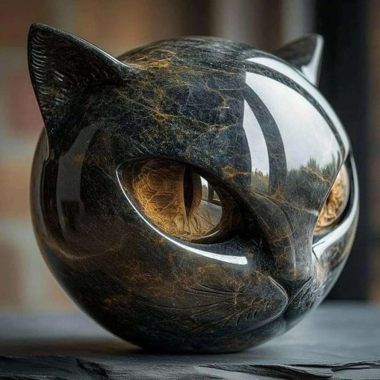 kf-S604d0b3d00e54befb3e725d5deca34b8u Cat Stone Keepsake Gift Office Desk Cats Decor Decorative Black Cat Stone Figurine Resin Cat Head Healing Stone Marble Texture - Image 1