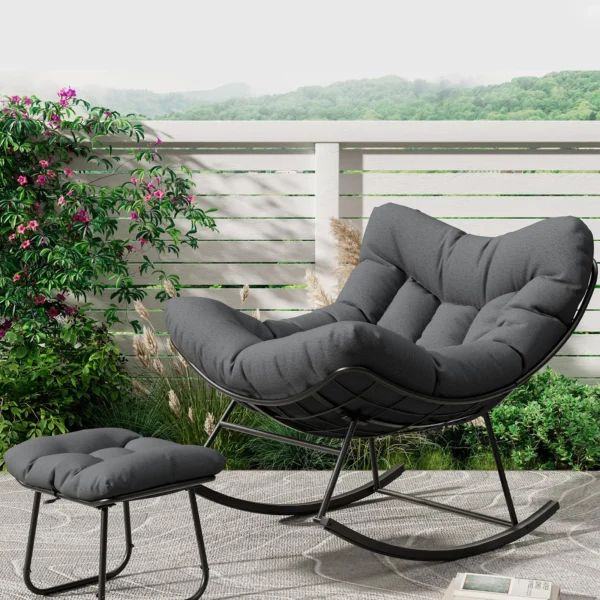 Oversized Papasan Rocking Chair With Ottoman, Outdoor Lounge Egg Rocker For Porch Balcony Backyard, Heavy Duty 450lb Capacity