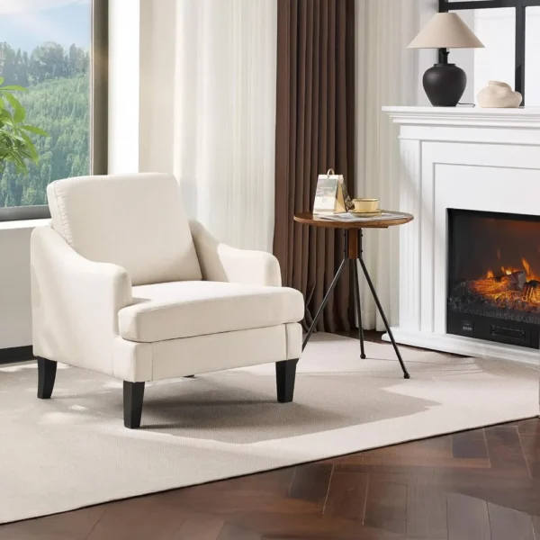 Linen Fabric Accent Chair Beige, Modern Upholstered Armchair, Comfy Sofa Chair Living Room Bedroom Furniture for Apartment