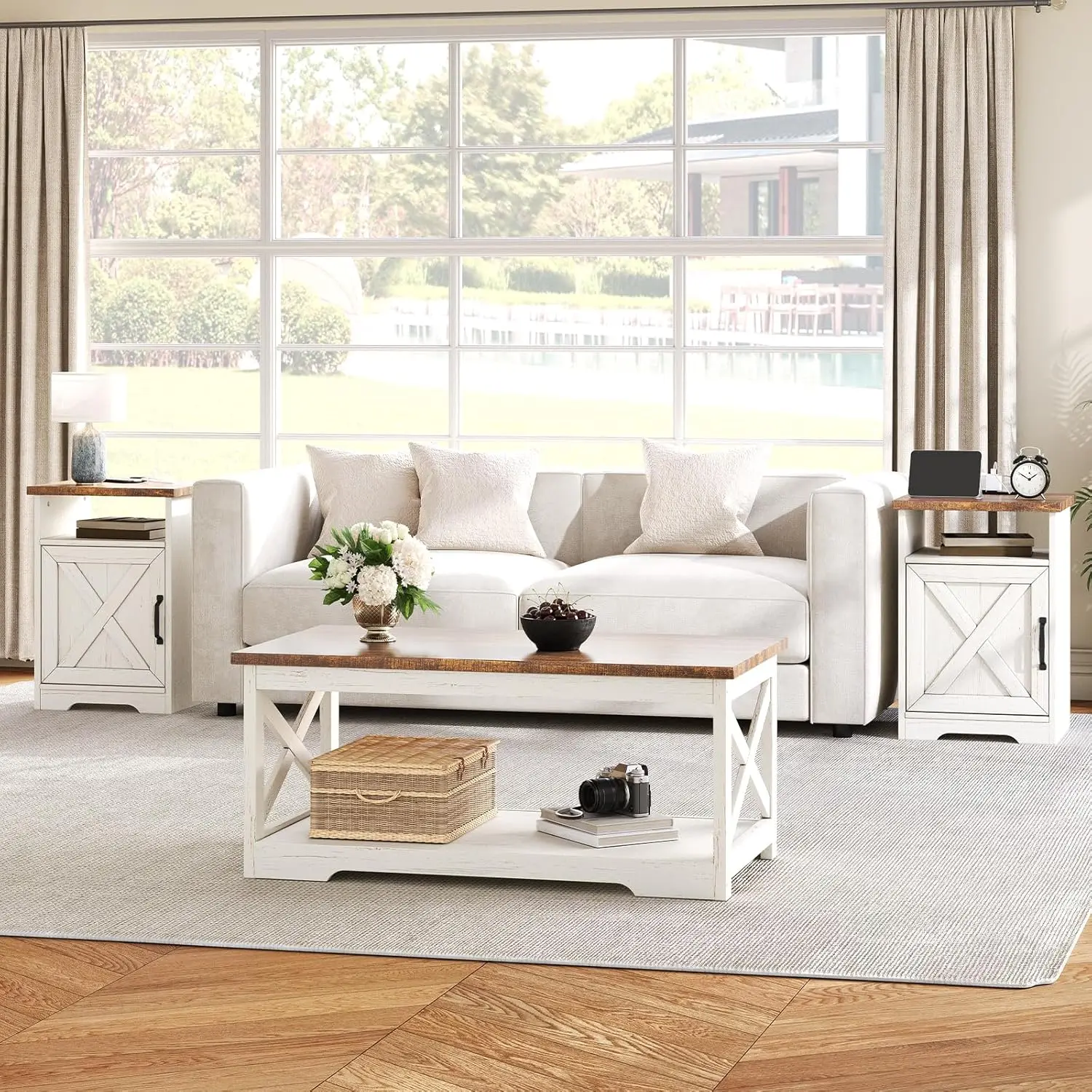 kf-S7b60fe0f46ad4778b56b458102dbd3e9w 3-Piece Farmhouse Living Room Table Set with Coffee Table & 2 End Tables, Charging Station & USB Ports, Distressed, Customized - Image 1