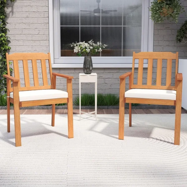 Wooden Patio Chair Set of 2, Outdoor Dining Armchairs w/Soft Cushion & Breathable Backrest, Acacia Wood Frame,Conversation Chair